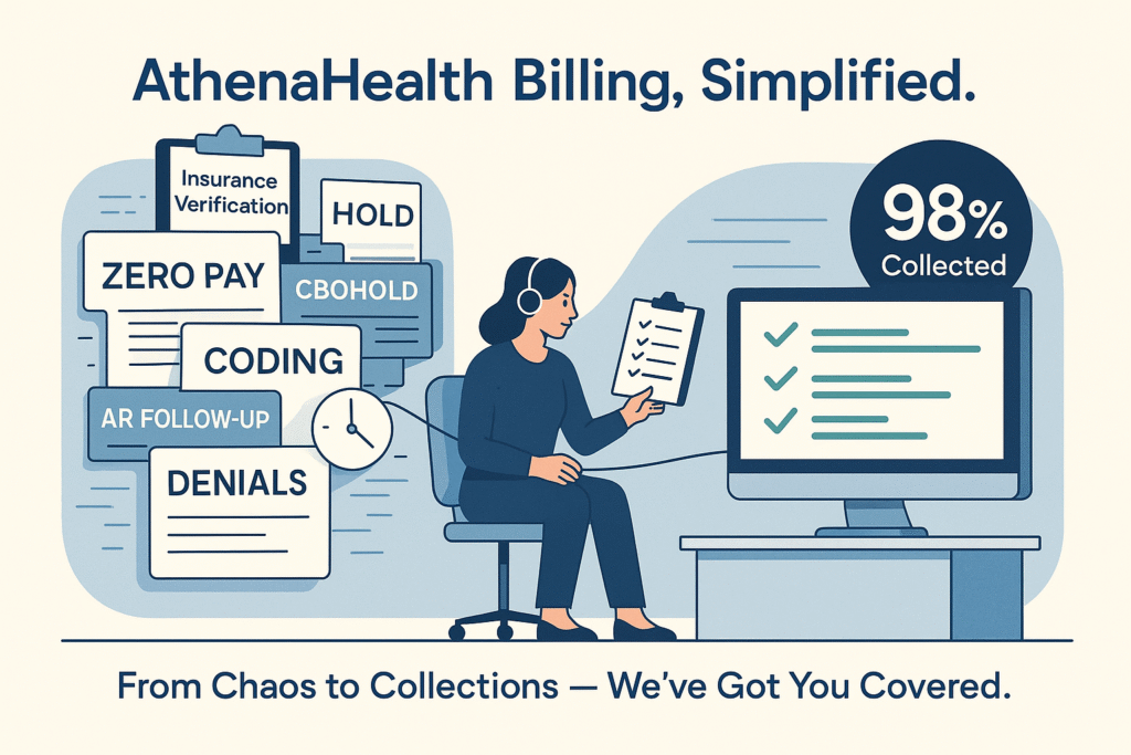 Current image: “AthenaHealth billing: messy HOLD/MGRHOLD/CBOHOLD queues on left, clean paid claims on right.”