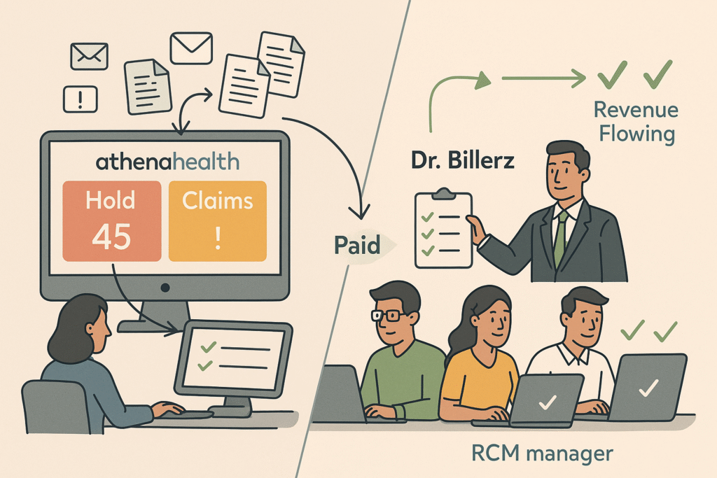 RCM manager and team clearing AthenaHealth HOLD, MGRHOLD, and CBOHOLD buckets to paid status.