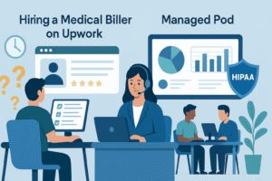 Freelancer chaos vs. managed, HIPAA-ready billing pod with clear KPIs.