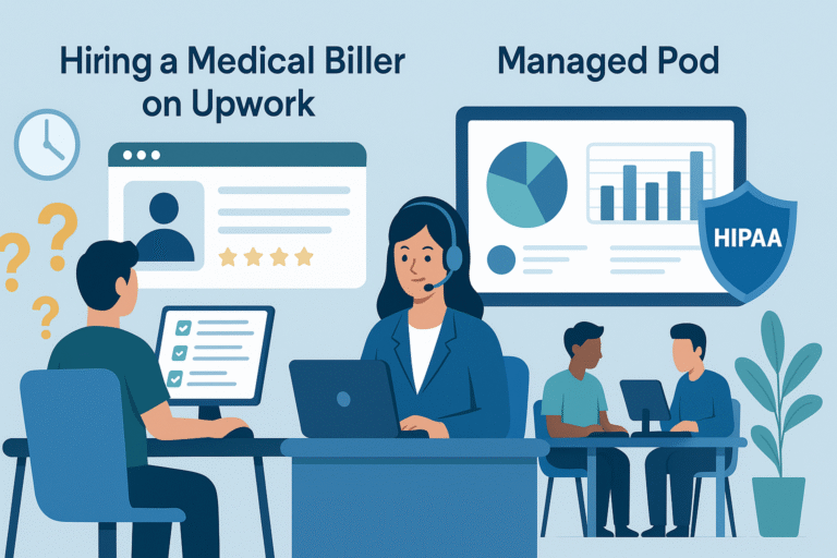 Freelancer chaos vs. managed, HIPAA-ready billing pod with clear KPIs.