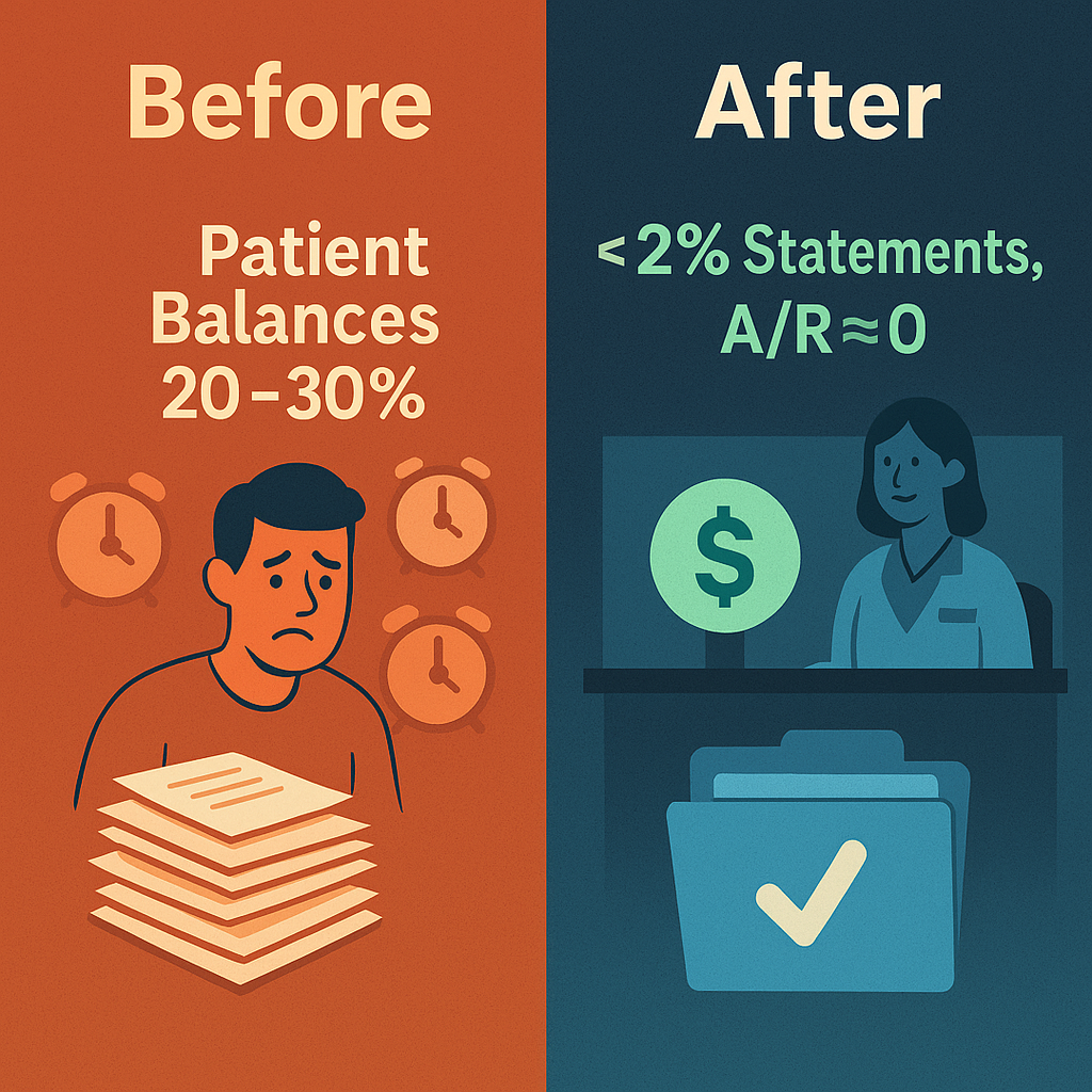 Workflow infographic showing the revenue cycle starting at patient call, followed by verifying coverage, estimating contracted rates, collecting at time of service, and ending with near-zero accounts receivable.