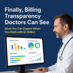 Doctor viewing a digital billing performance report on a monitor with charts labeled “Claims Summary,” “Collections Overview,” “A/R by Payer,” and “Denial Analytics,” representing transparency and results from Dr Billerz Reports