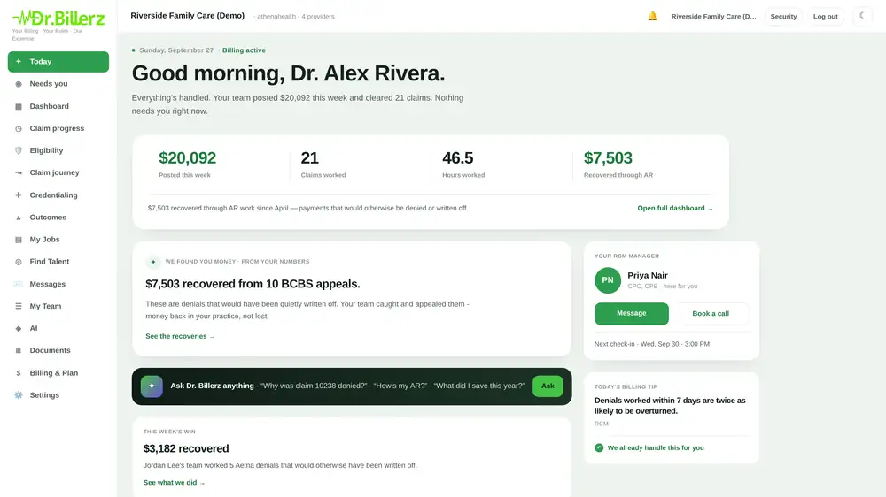 DrBillerz client portal Today screen with payments posted and claims worked